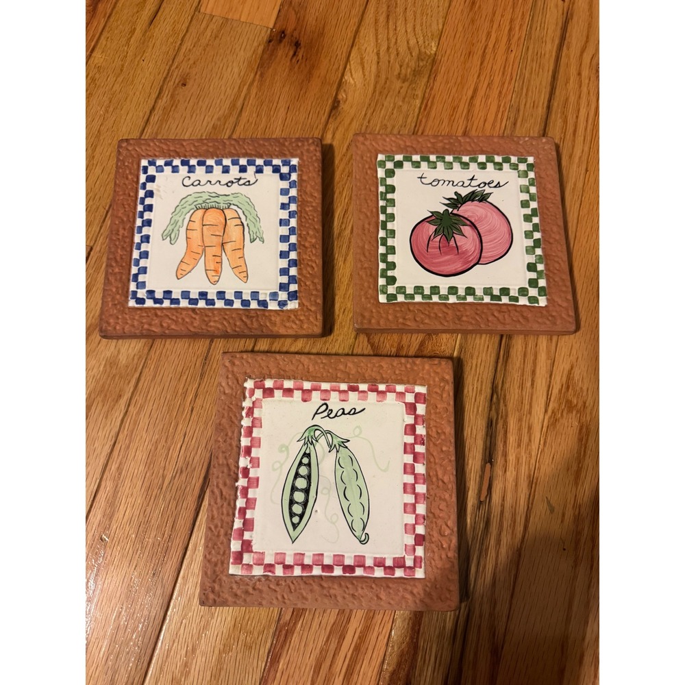 Vintage Vegetable Ceramic Wall Tiles trivets set 3 carrot tomatoe pea hand paint